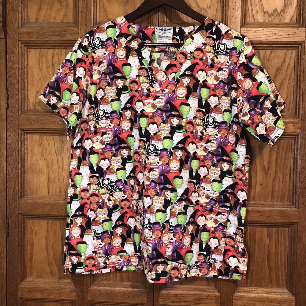 Landau Halloween Trick or Treat Top Women's M Cotton V-Neck SS 4 Pockets Scrubs